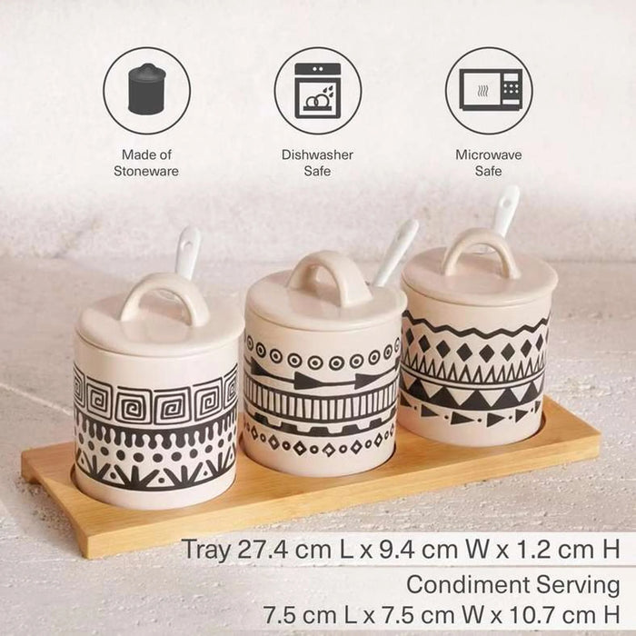 Eleni Ethnic 6-Piece Condiment Serving Set With Wooden Tray 210Ml -Black & Beige