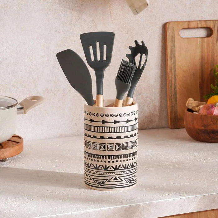 Eleni Ethnic Utensil Holder Dia11X17Cm -Black & Beige