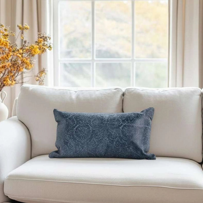 Engraved Damask Down Alt Filled Leather Cushion 30X50Cm - Blue
