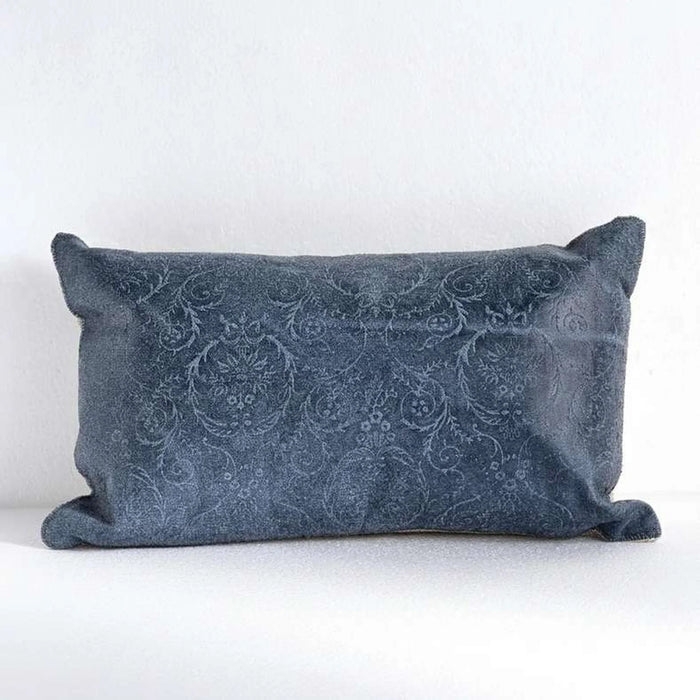 Engraved Damask Down Alt Filled Leather Cushion 30X50Cm - Blue