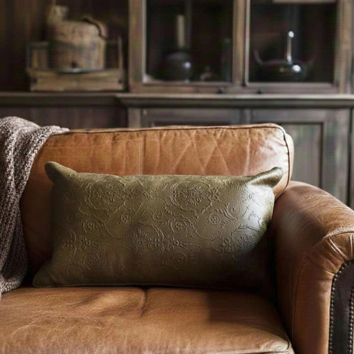 Engraved Damask Down Alt Filled Leather Cushion 30X50Cm - Olive Pan Home