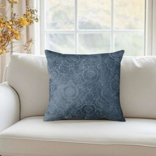 Engraved Damask Down Alt Filled Leather Cushion 50X50Cm - Blue Pan Home