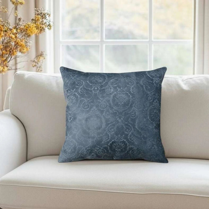 Engraved Damask Down Alt Filled Leather Cushion 50X50Cm - Blue Pan Home