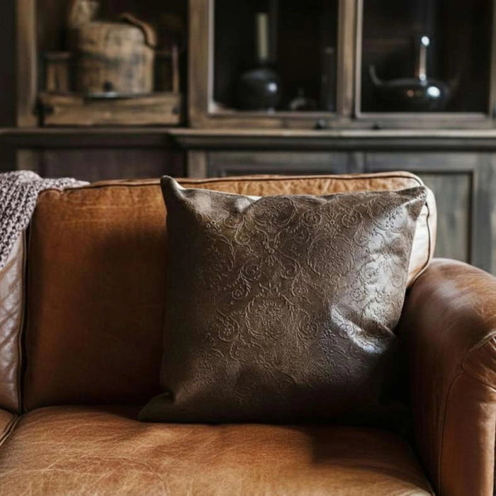 Engraved Damask Down Alt Filled Leather Cushion 50X50Cm - Olive Pan Home