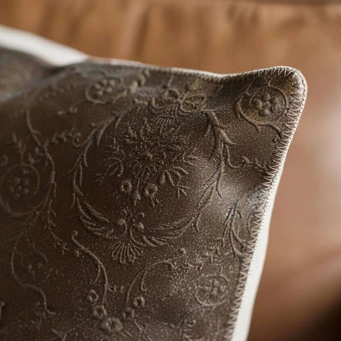 Engraved Damask Down Alt Filled Leather Cushion 50X50Cm - Olive Pan Home