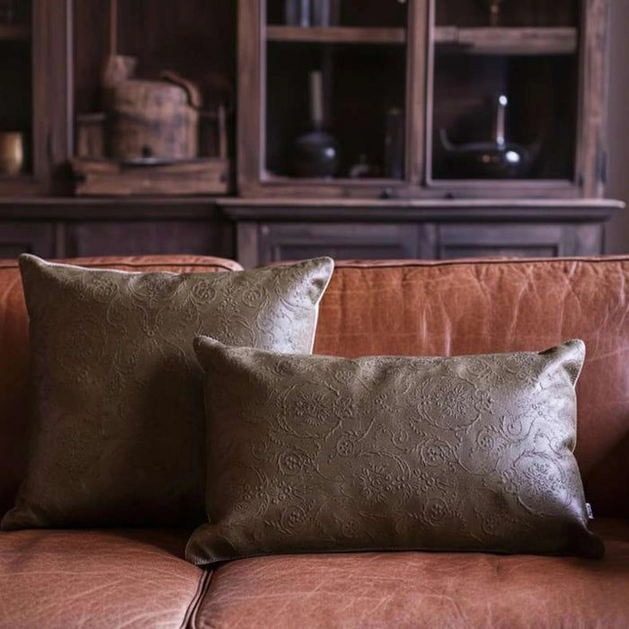 Engraved Damask Down Alt Filled Leather Cushion 50X50Cm - Olive Pan Home