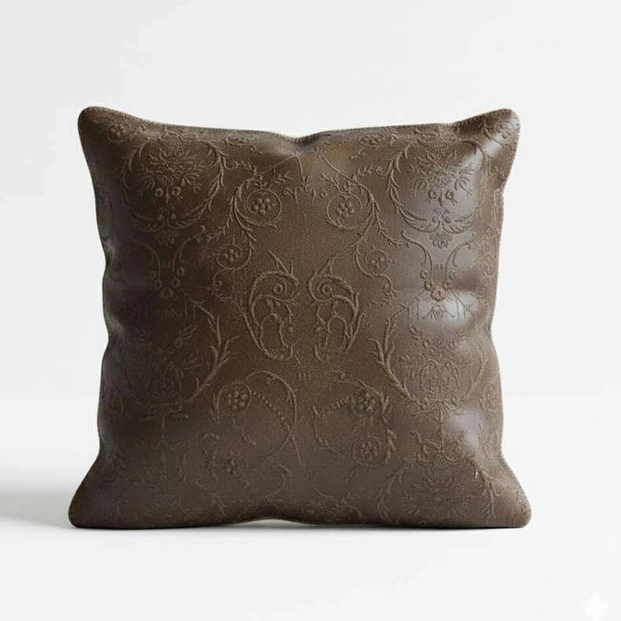 Engraved Damask Down Alt Filled Leather Cushion 50X50Cm - Olive Pan Home
