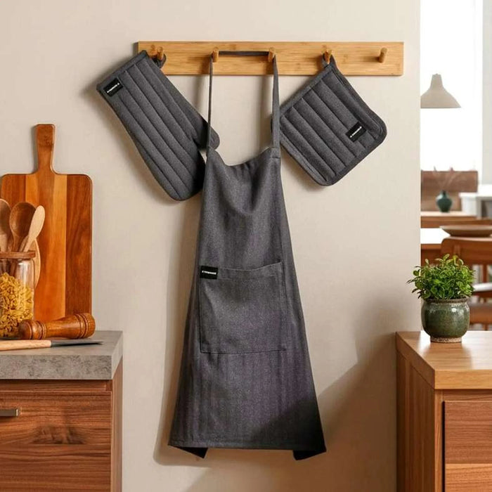 Essentials 3Piece Kitchen Apron With Glove And Potholder Set - Grey