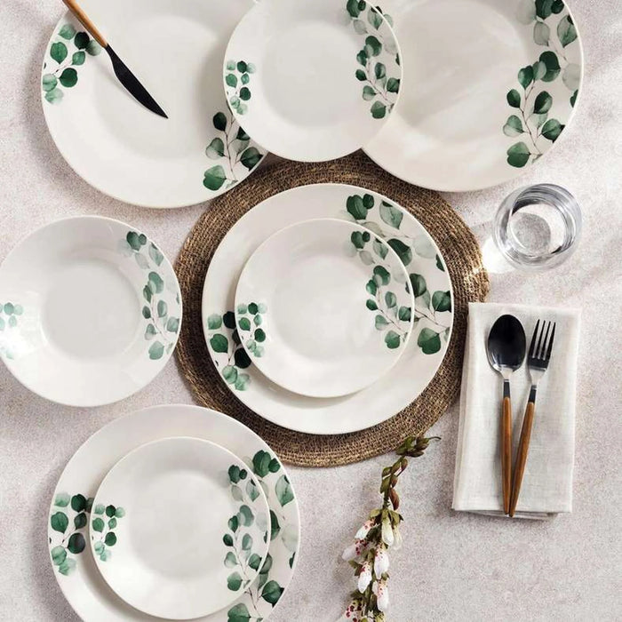 Eucalyptus Foliage 12-Piece Porcelain Dinner Set -White & Green