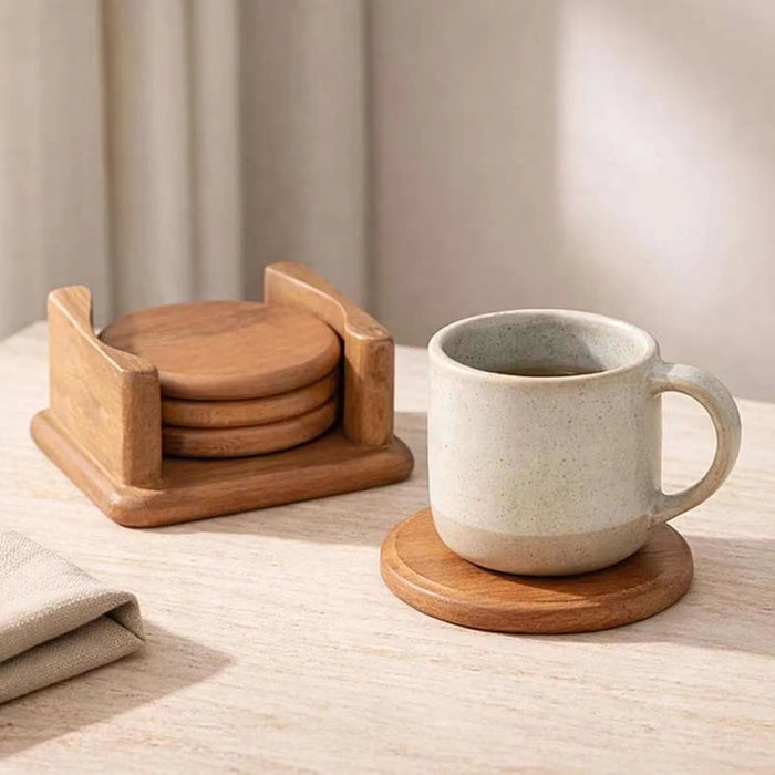 Evren Wooden 4-Piece Coaster With Caddy 12.7X11.5X5.7Cm -Natural Pan Home