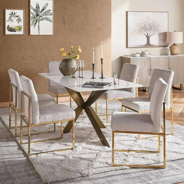 Faroe 6 Seater Dining Table Marble - White & Antique Brass