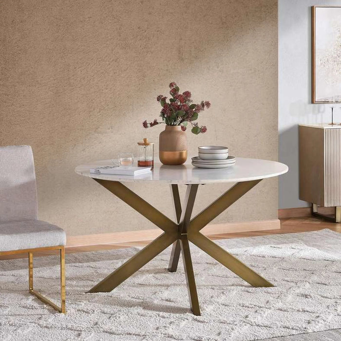 Faroe 6 Seater Dining Table Round Marble - White & Antique Brass