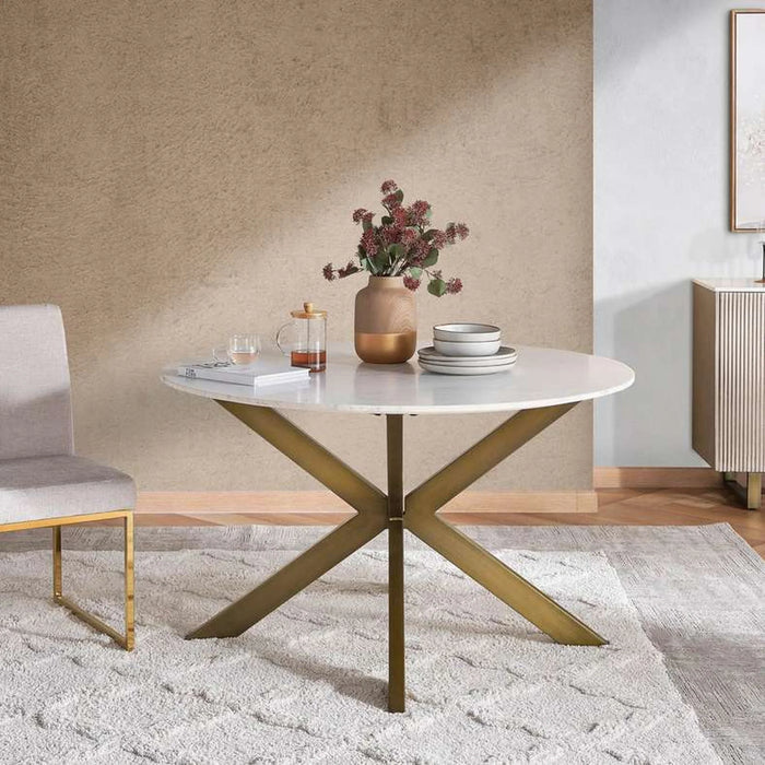 Faroe 6 Seater Dining Table Round Marble - White & Antique Brass