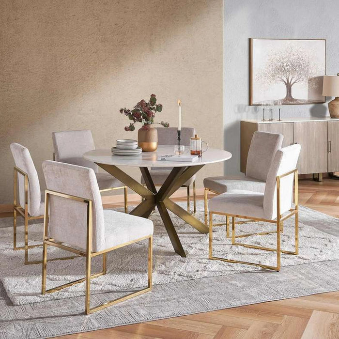 Faroe 6 Seater Dining Table Round Marble - White & Antique Brass