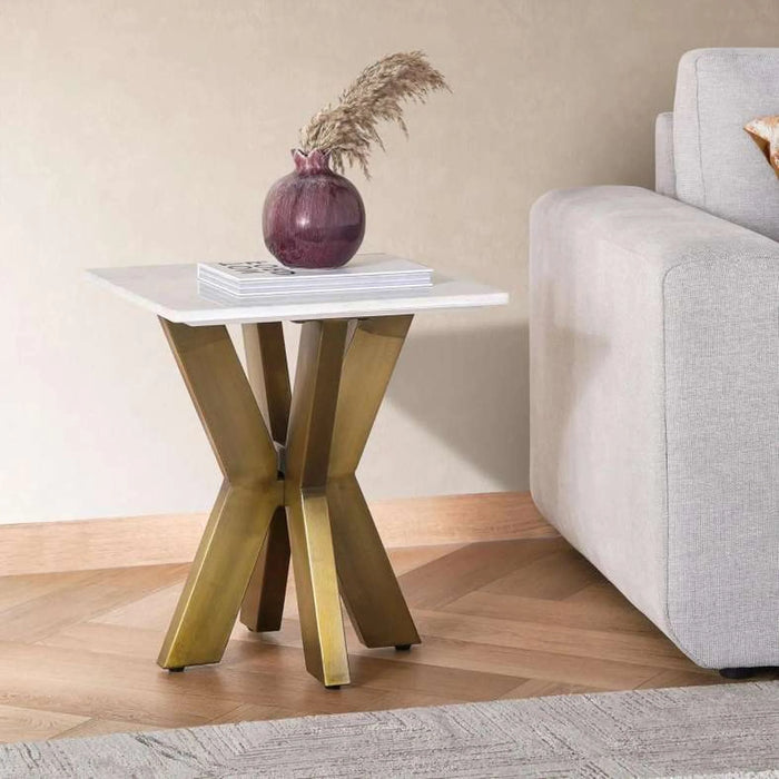 Faroe End Table Marble - White & Antique Brass