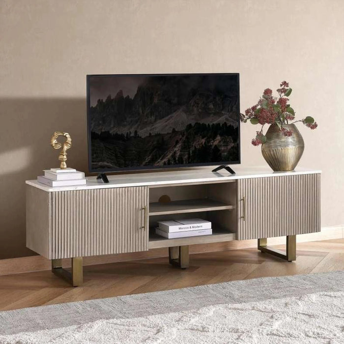 Faroe Tv Unit Upto 60 Inches Marble - Grey & Antique Brass