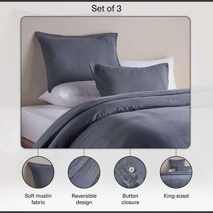 Feather Soft Muslin 3-Piece Reversible King Duvet Cover Set 230X220Cm - Orage Blue
