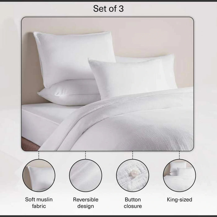 Feather Soft Muslin 3-Piece Reversible King Duvet Cover Set 230X220Cm - White
