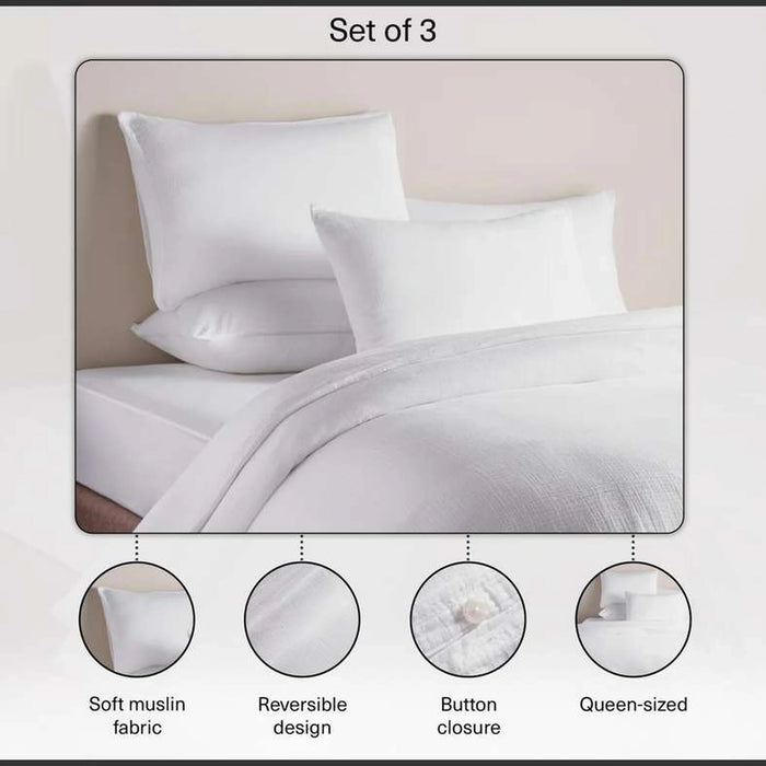 Feather Soft Muslin 3-Piece Reversible Queen Duvet Cover Set 200X200Cm - White