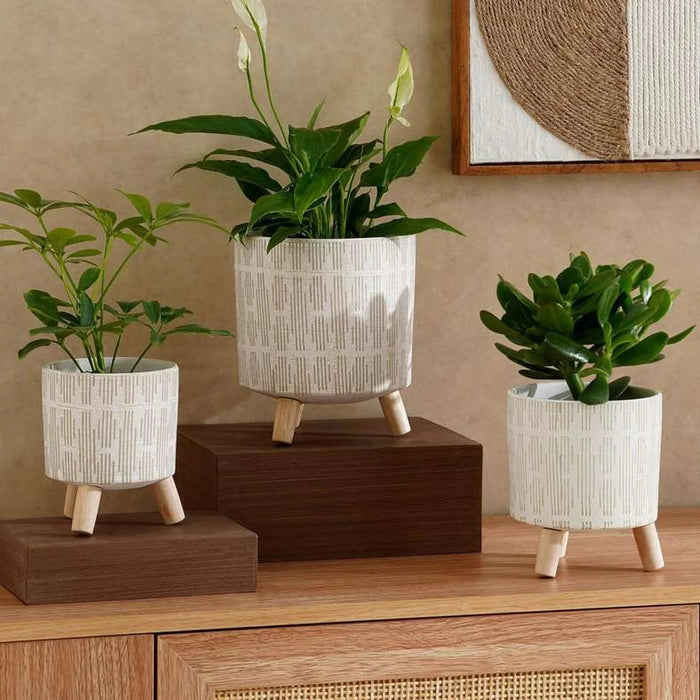 Felix Terracotta Planter With Wood Stand 14X14X16Cm - White Pan Home