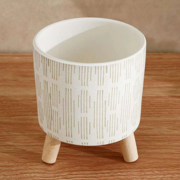 Felix Terracotta Planter With Wood Stand 14X14X16Cm - White Pan Home