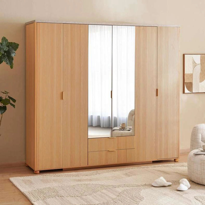 Fern 6 Door Wardrobe With Mirror - Natural Pan Home