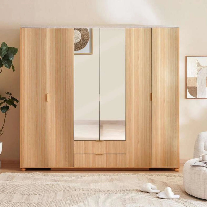 Fern 6 Door Wardrobe With Mirror - Natural Pan Home