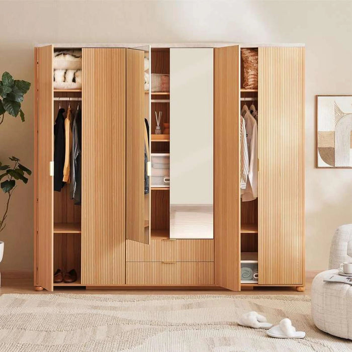Fern 6 Door Wardrobe With Mirror - Natural Pan Home