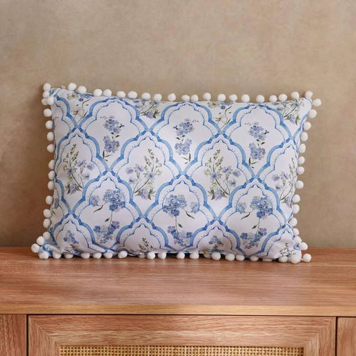 Fern Printed Water Repellant Pom Pom Trimmed Outdoor Filled Cushion 50X35Cm - Blue Pan Home