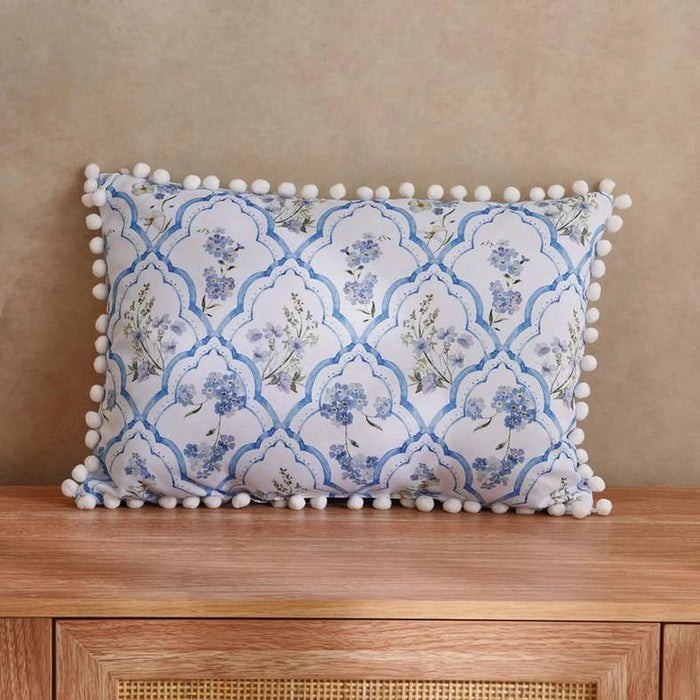 Fern Printed Water Repellant Pom Pom Trimmed Outdoor Filled Cushion 50X35Cm - Blue Pan Home