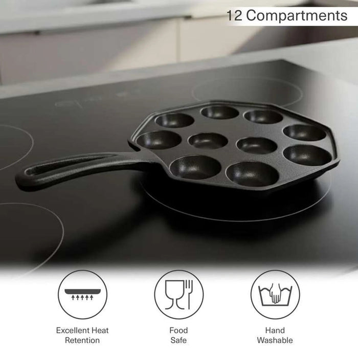 Ferric Cast Iron 12 Compartment Takoyaki/Paniyaram Pan Dia30X19X2.5Cm -Black Pan Home