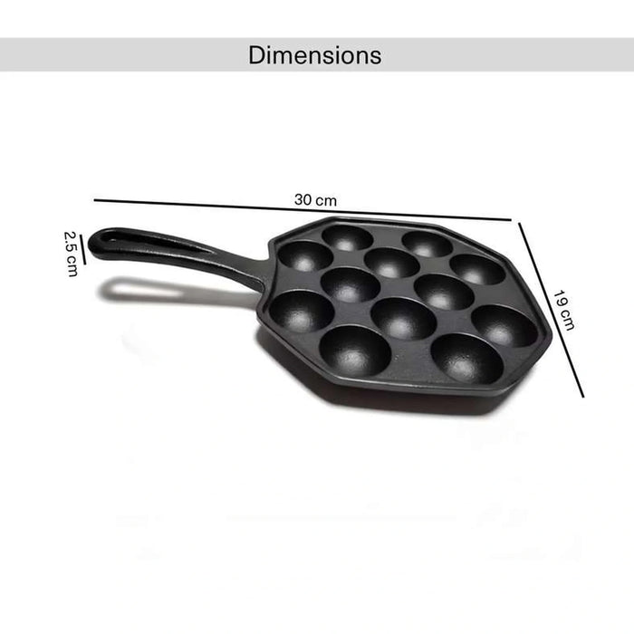 Ferric Cast Iron 12 Compartment Takoyaki/Paniyaram Pan Dia30X19X2.5Cm -Black Pan Home