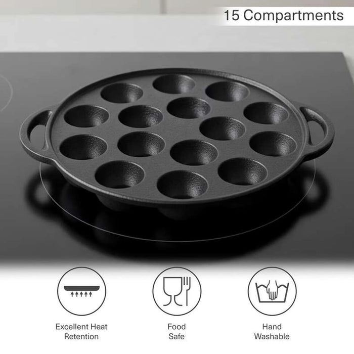 Ferric Cast Iron 15 Compartment Takoyaki/Paniyaram Pan Dia23X2.6Cm -Black Pan Home