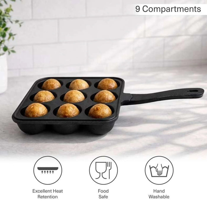 Ferric Cast Iron 9 Compartment Takoyaki/Paniyaram Pan 19X4.8Cm -Black Pan Home
