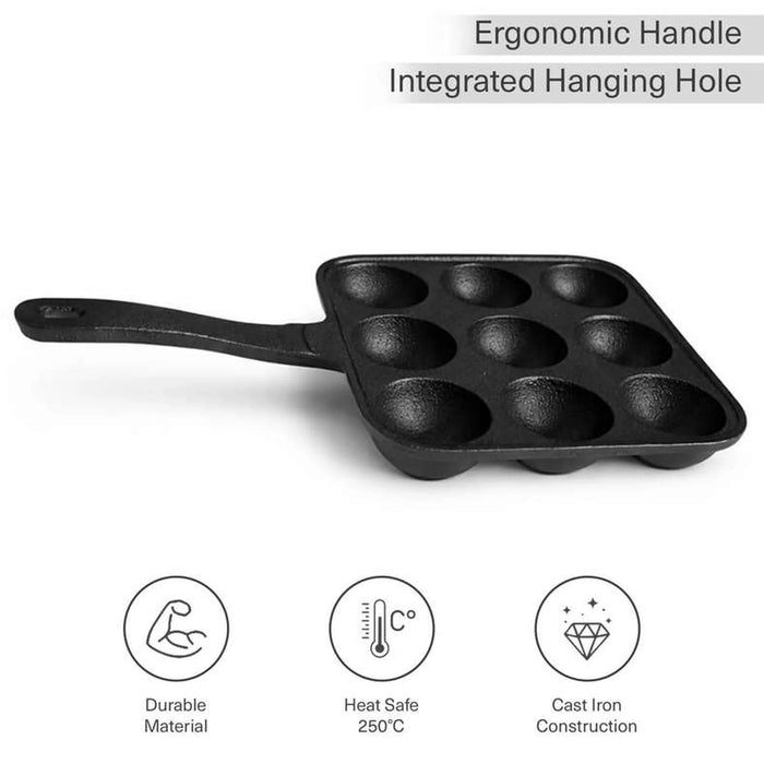 Ferric Cast Iron 9 Compartment Takoyaki/Paniyaram Pan 19X4.8Cm -Black Pan Home