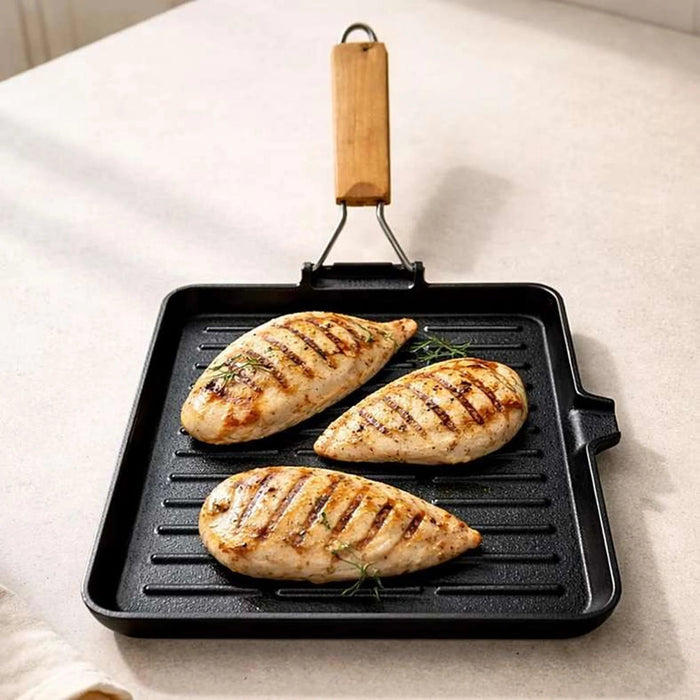 Ferric Cast Iron Grill Pan With Foldable Handle 24X24Cm -Black Pan Home