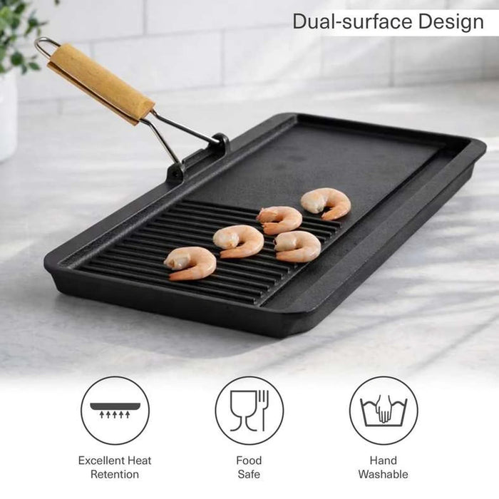 Ferric Cast Iron Grill Pan With Foldable Handle 38X28Cm -Black Pan Home