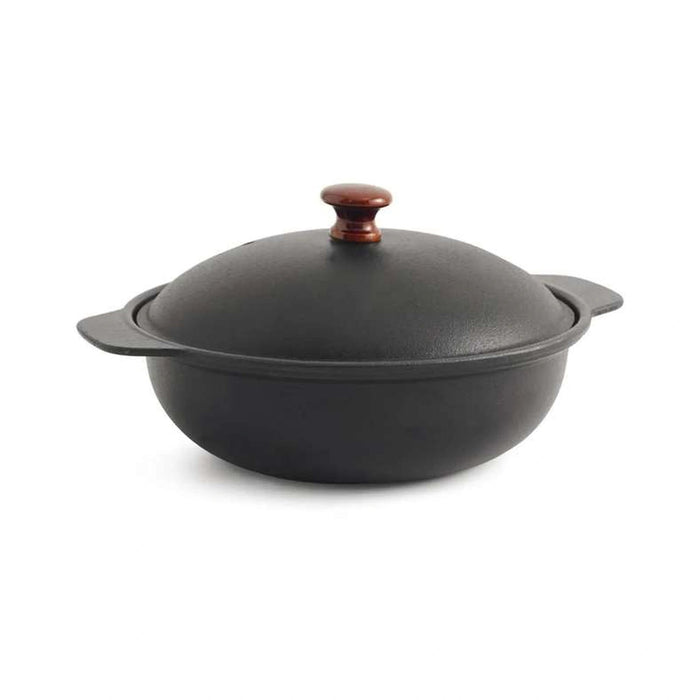 Ferric Cast Iron Kadai W/Lid Black Pan Home