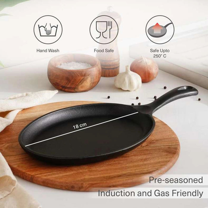 Ferric Cast Iron Oval Sizzler Black 18Cm Pan Home
