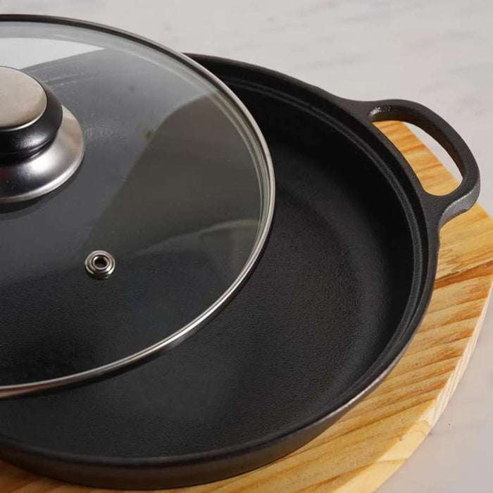 Ferric Cast Iron Pot With Wooden Tray Dia22Cm -Black