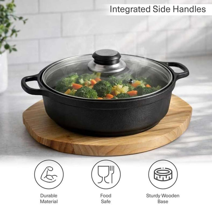 Ferric Cast Iron Pot With Wooden Tray Dia22Cm -Black