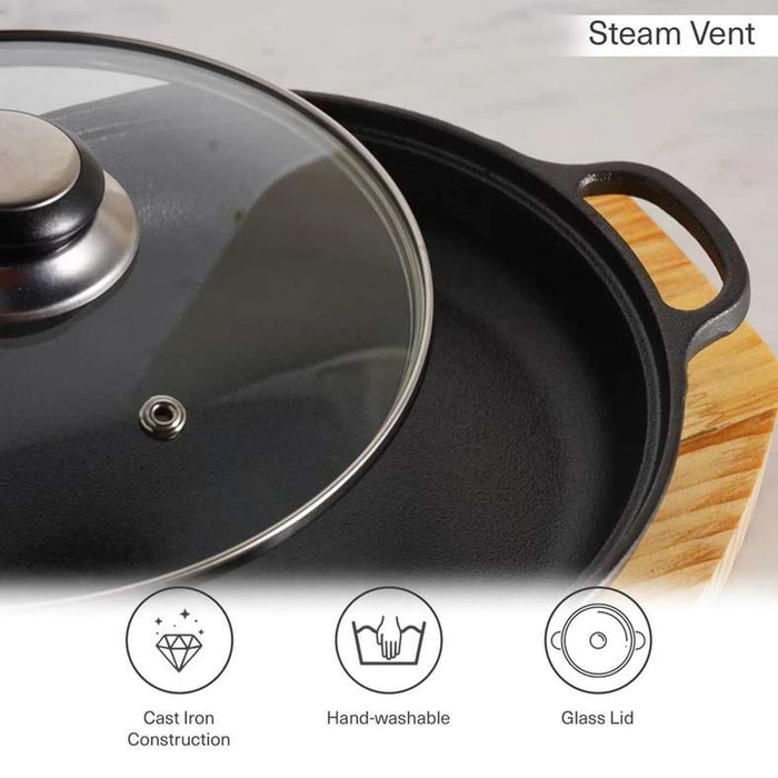 Ferric Cast Iron Pot With Wooden Tray Dia22Cm -Black