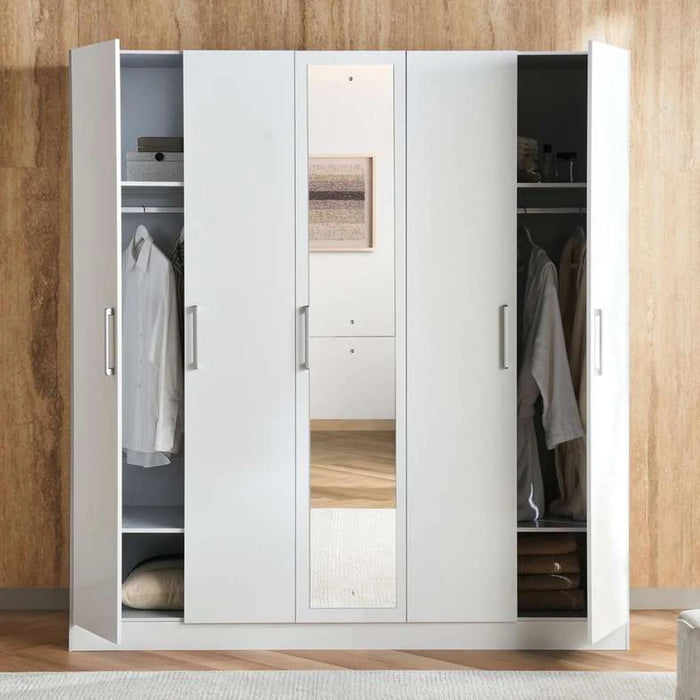 Flexo 5 Door Wardrobe With Mirror - White