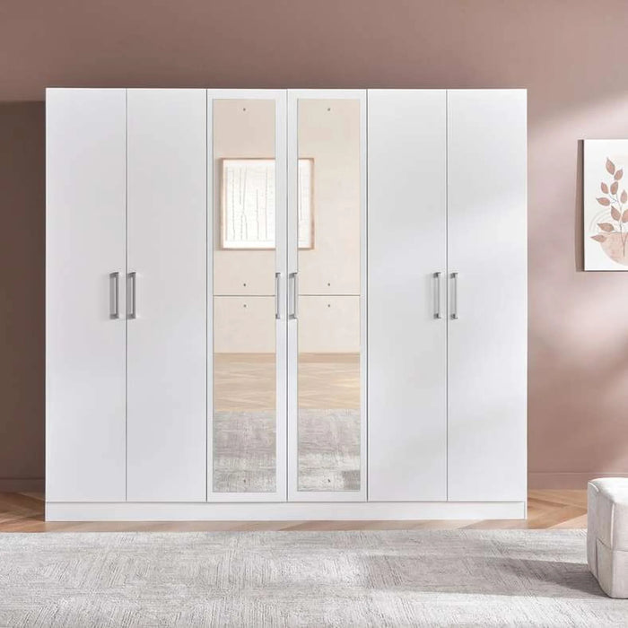 Flexo 6 Door Wardrobe With Mirror - White