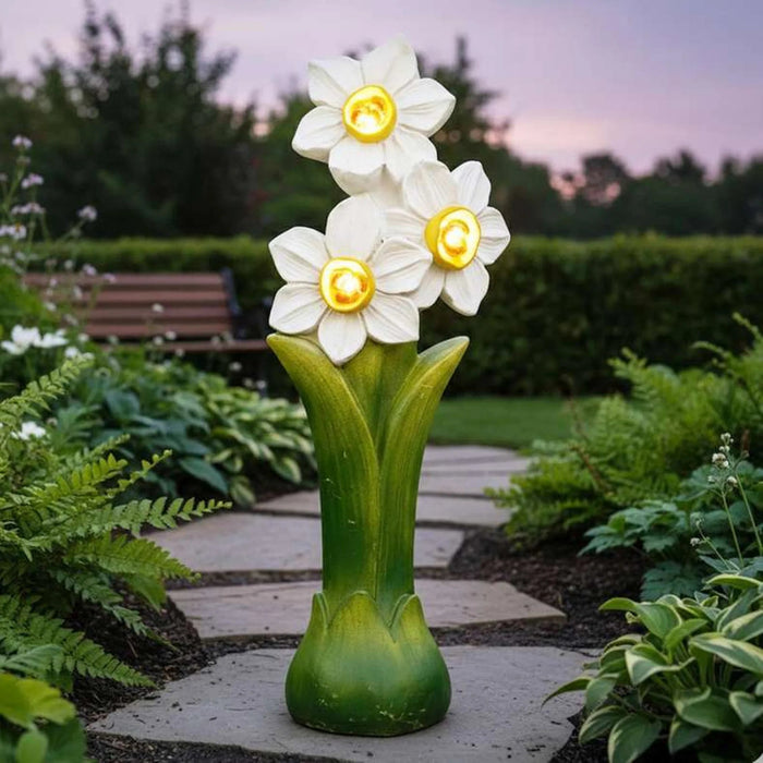 Flora Three Flowers Magnesia Planter With Solar 26X18X70Cm - White Pan Home