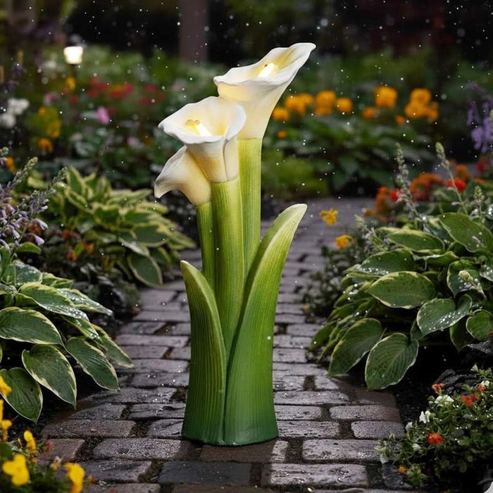 Flora Two Flowers Magnesia Planter With Solar 25.5X19X65Cm - White Pan Home
