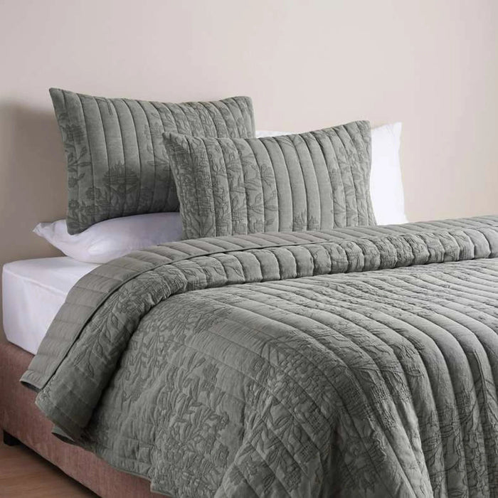 Floral Damask 3-Piece Garment Washed Cotton Matelasse Bedspread Set 220X240Cm - Olive Pan Home