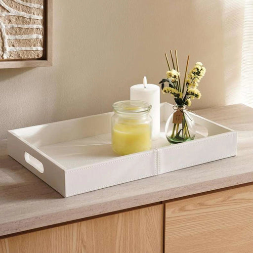 Flores Faux Leather Decor Tray 45X30X6Cm - White Pan Home
