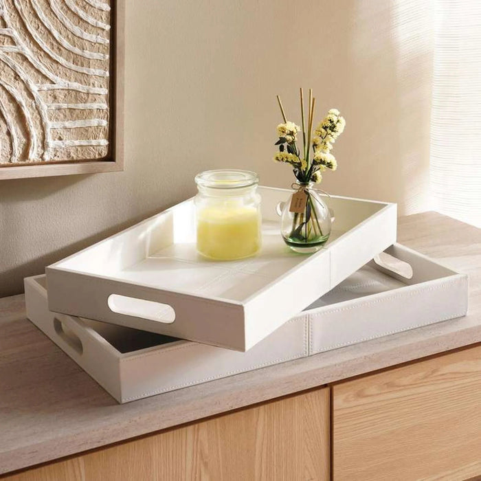 Flores Faux Leather Decor Tray 52X32X6Cm - White Pan Home
