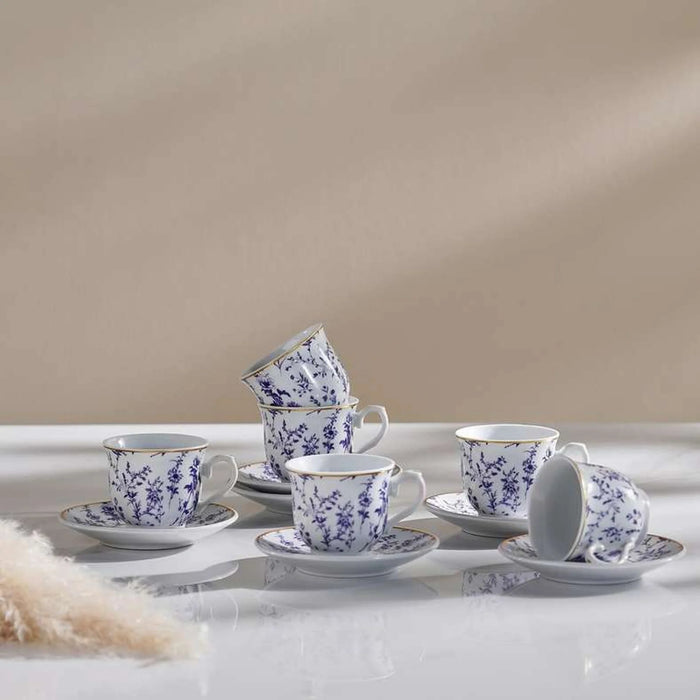 Floret 12-Piece Espresso Cup & Saucer Set 90Ml -White & Blue